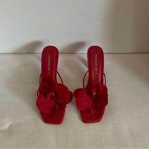 Red orchid square toe sandal heel mule